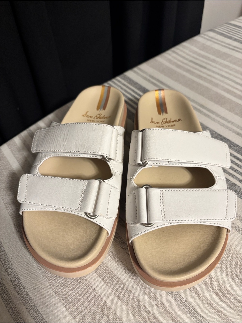 Sam Edelman White Leather Double-Strap Slide Sandals